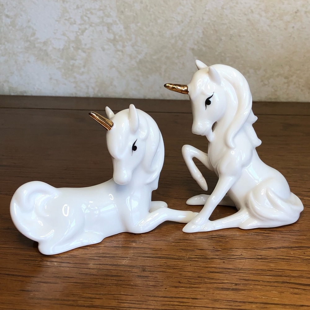 Vintage porcelain Enesco Taiwan white and gold tone unicorn figurines